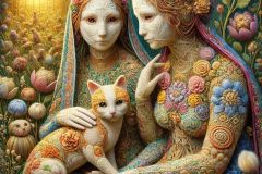 DALL·E-2025-07-11-21.29.40-A-photorealistic-ultra-detailed-and-surreal-close-up-image-of-two-humanoid-woven-women-made-from-richly-embroidered-and-woven-fabric-sitting-in-a-dr