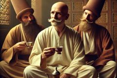 DALL·E-2025-07-11-21.30.49-A-photorealistic-ultra-detailed-close-up-image-of-G.I.-Gurdjieff-sitting-with-two-Sufi-dervishes-drinking-tea-together.-Gurdjieff-is-shown-clearly-a