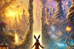 DALL·E-2025-07-11-21.37.31-A-photorealistic-highly-detailed-vertical-fantasy-scene-showing-the-magical-world-behind-a-cracked-stone-wall-where-Kalin-and-his-wild-whimsical-rab