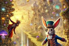 DALL·E-2025-07-11-21.37.37-A-photorealistic-highly-detailed-vertical-fantasy-scene-showing-the-magical-world-behind-a-cracked-stone-wall-where-Kalin-and-his-wild-whimsical-rab