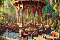DALL·E-2025-07-11-21.38.05-A-hyper-photorealistic-close-up-vertical-fantasy-garden-cafe-scene-set-around-a-magical-Bosnian-style-bamboo-sadrvan-pavilion.-The-gazebo-is-adorned-