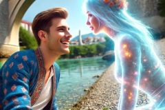 DALL·E-2025-08-28-20.36.52-Ultra-photorealistic-hyper-detailed-extreme-close-up-scene-beneath-the-Stari-Most-bridge-in-Mostar-on-a-bright-summer-day.-A-young-modern-man-in-a-bl