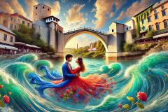 DALL·E-2025-08-28-20.37.02-Ultra-photorealistic-hyper-detailed-surreal-scene-in-Mostar-on-a-bright-summer-day.-The-young-man-and-woman-float-together-above-the-turquoise-Neretv