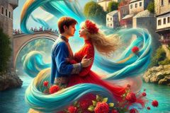 DALL·E-2025-08-28-20.37.07-Ultra-photorealistic-hyper-detailed-vertical-surreal-scene-in-Mostar-on-a-bright-summer-day.-A-young-man-and-woman-float-together-in-a-tender-embrace