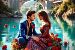 DALL·E-2025-08-28-20.37.56-Ultra-photorealistic-hyper-detailed-vertical-close-up-scene-of-a-modern-young-man-and-woman-sitting-together-in-a-small-boat-on-the-turquoise-Neretva