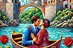 DALL·E-2025-08-28-20.38.02-Cubist-style-highly-detailed-vertical-painting-of-a-romantic-couple-kissing-in-a-small-boat-on-the-turquoise-Neretva-river-in-Mostar.-The-man-wears-b