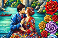 DALL·E-2025-08-28-20.38.05-Cubist-style-highly-detailed-vertical-painting-of-a-romantic-couple-kissing-in-a-small-boat-on-the-turquoise-Neretva-river-in-Mostar.-The-man-wears-b