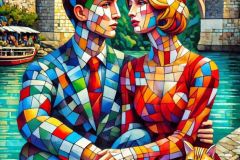 DALL·E-2025-08-28-20.38.13-Cubist-style-highly-detailed-vertical-close-up-painting-of-a-modern-young-man-and-woman-sitting-together-by-the-Neretva-river-beneath-the-Stari-Most-