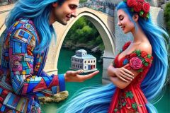 DALL·E-2025-08-28-20.38.35-Ultra-photorealistic-hyper-detailed-vertical-close-up-surreal-scene-in-Mostar.-A-modern-young-man-with-long-flowing-blue-hair-wearing-a-striking-blu
