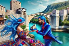DALL·E-2025-08-28-20.38.41-Ultra-photorealistic-hyper-detailed-wide-surreal-scene-in-Mostar-on-a-bright-summer-day.-A-modern-young-man-with-long-flowing-blue-hair-dressed-in-a