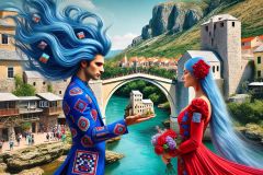 DALL·E-2025-08-28-20.38.48-Ultra-photorealistic-hyper-detailed-wide-surreal-scene-in-Mostar-on-a-bright-summer-day.-A-modern-young-man-with-long-flowing-blue-hair-dressed-in-a