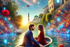 DALL·E-2025-08-28-20.39.26-Ultra-photorealistic-hyper-detailed-vertical-surreal-scene-inspired-by-Milic-od-Macve.-A-modern-young-man-and-woman-sit-very-close-together-in-a-smal