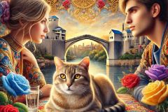 DALL·E-2025-08-31-15.07.29-A-surreal-close-up-inspired-by-Milic-od-Macve.-A-beautiful-young-woman-and-a-young-man-are-shown-up-close-sitting-together-at-a-dreamlike-cafe-table-