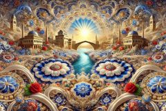 DALL·E-2025-08-31-15.05.46-Ultra-photorealistic-hyper-detailed-wide-surreal-scene-inspired-by-Milic-od-Macve.-A-magnificent-ornamental-fabric-stretches-like-a-vast-landscape-un