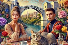 DALL·E-2025-08-31-15.07.30-A-surreal-close-up-inspired-by-Milic-od-Macve.-A-beautiful-young-woman-and-a-young-man-are-shown-up-close-sitting-together-at-a-dreamlike-cafe-table-