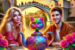 DALL·E-2025-08-31-15.08.34-A-surreal-yet-photorealistic-close-up-scene.-A-beautiful-young-woman-and-a-young-man-sit-together-at-a-cafe-table-outdoors-near-the-Stari-Most-bridge-