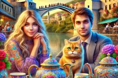 DALL·E-2025-08-31-15.08.36-A-surreal-yet-photorealistic-close-up-scene.-A-beautiful-young-woman-and-a-young-man-sit-together-at-a-cafe-table-outdoors-near-the-Stari-Most-bridge-