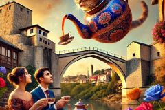 DALL·E-2025-08-31-15.08.39-A-surreal-yet-photorealistic-close-up-scene.-A-beautiful-young-woman-and-a-young-man-sit-together-at-a-cafe-table-outdoors-near-the-Stari-Most-bridge-