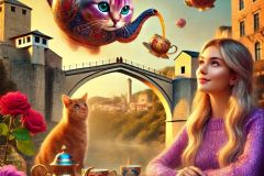 DALL·E-2025-08-31-15.08.41-A-surreal-yet-photorealistic-close-up-scene.-A-beautiful-young-woman-and-a-young-man-sit-together-at-a-cafe-table-outdoors-near-the-Stari-Most-bridge-