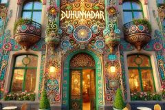 DALL·E-2025-08-31-15.09.40-A-photorealistic-close-up-of-the-entrance-to-Duhunadar-Cafe-in-Gothenburg-Goteborg-Sweden.-The-ornate-building-facade-is-richly-decorated-with-el