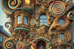 DALL·E-2025-08-31-15.10.03-A-surreal-extremely-ornate-photorealistic-yet-fantastical-small-house-in-Gothenburg-Goteborg-Sweden-which-is-the-Duhunadar-cafe.-The-entire-ho