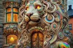 DALL·E-2025-08-31-15.10.11-A-surreal-photorealistic-ornate-small-house-in-Gothenburg-Goteborg-Sweden-which-is-the-Duhunadar-cafe-but-the-entire-building-is-shaped-like-a