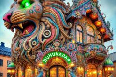 DALL·E-2025-08-31-15.10.27-A-surreal-photorealistic-ornate-small-house-in-Gothenburg-Goteborg-Sweden-which-is-the-Duhunadar-cafe-shaped-like-a-giant-majestic-lion.-The-a