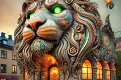 DALL·E-2025-08-31-15.10.39-A-surreal-photorealistic-ornate-small-house-in-Gothenburg-Goteborg-Sweden-which-is-the-Duhunadar-cafe-shaped-like-a-giant-majestic-lion.-The-a