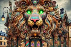 DALL·E-2025-08-31-15.10.40-A-surreal-photorealistic-ornate-small-house-in-Gothenburg-Goteborg-Sweden-which-is-the-Duhunadar-cafe-shaped-like-a-giant-majestic-lion.-The-a