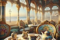 DALL·E-2025-09-02-20.59.19-A-surreal-photorealistic-close-up-of-a-cafe-table-in-an-ornate-seaside-cafe-interior.-The-table-is-richly-decorated-with-azulejos-patterns-on-white-p