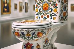 DALL·E-2025-09-02-20.59.41-A-photorealistic-close-up-of-a-white-porcelain-toilet-displayed-as-an-art-piece-in-an-art-gallery.-The-toilets-entire-smooth-surface-is-painted-with-