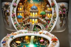 DALL·E-2025-09-02-21.00.20-A-photorealistic-close-up-of-a-white-porcelain-toilet-displayed-as-an-art-piece-but-inside-the-toilet-bowl-is-a-surreal-miniature-world.-Instead-of-w