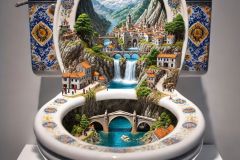 DALL·E-2025-09-02-21.00.28-A-photorealistic-close-up-of-a-white-porcelain-toilet-displayed-as-an-art-piece-but-inside-the-toilet-bowl-is-a-surreal-miniature-world.-Instead-of-w