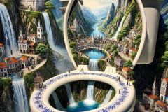 DALL·E-2025-09-02-21.00.30-A-photorealistic-close-up-of-a-white-porcelain-toilet-displayed-as-an-art-piece-but-inside-the-toilet-bowl-is-a-surreal-miniature-world.-Instead-of-w