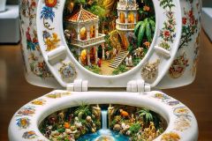 DALL·E-2025-09-02-21.00.24-A-photorealistic-close-up-of-a-white-porcelain-toilet-displayed-as-an-art-piece-but-inside-the-toilet-bowl-is-a-surreal-miniature-world.-Instead-of-w