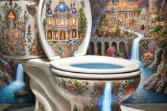 DALL·E-2025-09-02-21.00.37-A-photorealistic-close-up-of-a-white-porcelain-toilet-displayed-as-an-art-piece-but-inside-the-toilet-bowl-is-a-surreal-miniature-world.-Instead-of-w