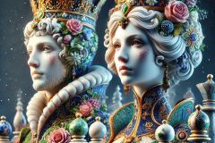 DALL·E-2025-09-02-21.01.54-A-surreal-photorealistic-vision-of-two-chess-pieces-a-king-and-a-queen-designed-as-human-like-figures-in-ornate-azulejos-style.-They-look-like-livi