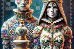 DALL·E-2025-09-02-21.01.57-A-surreal-photorealistic-full-body-portrait-of-two-chess-pieces-a-king-and-a-queen-designed-as-human-like-figures-in-ornate-azulejos-style.-They-st