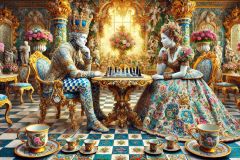 DALL·E-2025-09-02-21.02.03-A-surreal-photorealistic-scene-of-a-king-and-queen-in-ornate-azulejos-style-sitting-together-at-a-cafe-table.-They-look-like-majestic-human-figures-m