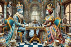 DALL·E-2025-09-02-21.02.05-A-surreal-photorealistic-scene-of-a-king-and-queen-in-ornate-azulejos-style-sitting-together-at-a-cafe-table.-They-look-like-majestic-human-figures-m