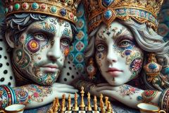 DALL·E-2025-09-02-21.02.08-A-surreal-photorealistic-close-up-of-a-king-and-queen-in-ornate-azulejos-style-sitting-at-a-cafe-table.-Their-porcelain-smooth-faces-and-crowns-are-r