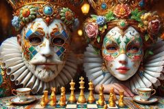 DALL·E-2025-09-02-21.02.09-A-surreal-photorealistic-close-up-of-a-king-and-queen-in-ornate-azulejos-style-sitting-at-a-cafe-table.-Their-porcelain-smooth-faces-and-crowns-are-r