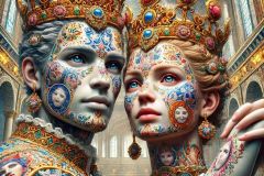 DALL·E-2025-09-12-23.04.31-A-surreal-photorealistic-close-up-of-a-king-and-queen-in-ornate-azulejos-style-dancing-together-in-a-magnificent-royal-hall.-Their-porcelain-smooth-