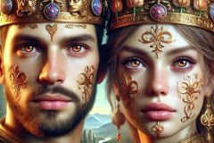 DALL·E-2025-09-12-23.04.53-An-ultra-close-photorealistic-portrait-of-King-Tvrtko-I-of-Bosnia-and-his-queen-shown-side-by-side.-Their-expressive-brown-eyes-shine-vividly-and-th