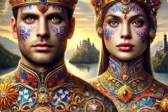 DALL·E-2025-09-12-23.04.57-A-surreal-photorealistic-full-body-portrait-of-King-Tvrtko-I-of-Bosnia-and-his-queen-standing-side-by-side-as-majestic-figures.-Their-expressive-bro