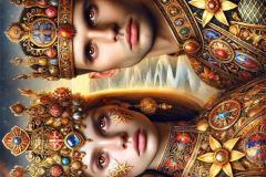 DALL·E-2025-09-12-23.05.00-A-surreal-photorealistic-full-body-portrait-of-King-Tvrtko-I-of-Bosnia-and-his-queen-standing-side-by-side-as-majestic-figures.-Their-expressive-bro