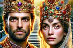 DALL·E-2025-09-12-23.06.00-A-surreal-photorealistic-close-up-vertical-portrait-of-King-Tvrtko-I-of-Bosnia-and-his-queen-standing-together-on-the-Stari-Most-bridge-in-Mostar.-T