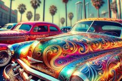 DALL·E-2025-09-12-23.07.19-A-photorealistic-close-up-scene-of-a-parking-lot-in-Los-Angeles-on-a-bright-summer-day.-Three-classic-1950s-cars-are-parked-side-by-side-richly-paint