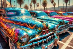 DALL·E-2025-09-12-23.07.20-A-photorealistic-close-up-scene-of-a-parking-lot-in-Los-Angeles-on-a-bright-summer-day.-Three-classic-1950s-cars-are-parked-side-by-side-richly-paint