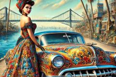 DALL·E-2025-09-12-23.07.50-A-photorealistic-close-up-vertical-portrait-of-a-classic-1950s-car-and-a-rockabilly-girl-on-a-bright-summer-day.-The-entire-car-is-visible-but-design